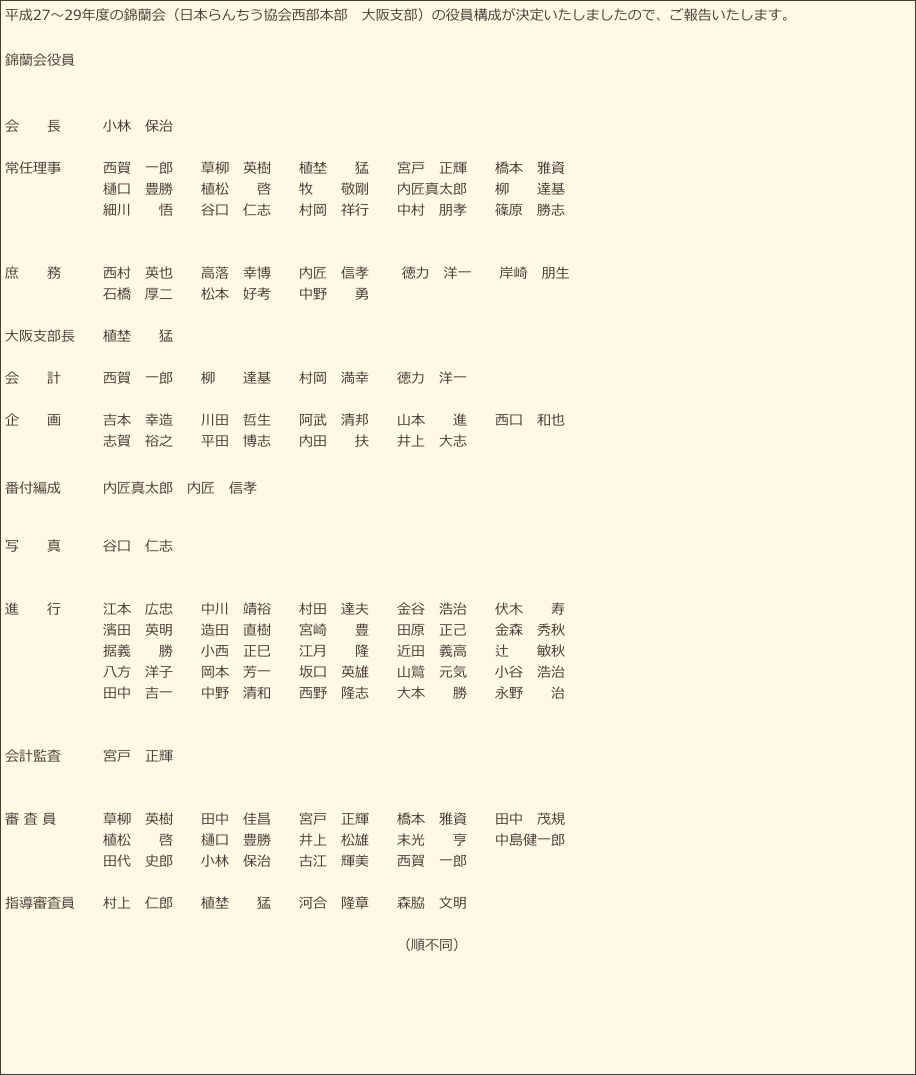 平成27～29年度の錦蘭会（日本らんちう協会西部本部　大阪支部）の役員構成が決定いたしましたので、ご報告いたします。
錦蘭会役員

会　　長　　　小林　保治

常任理事　　　西賀　一郎　　草柳　英樹　　植埜　　猛　　宮戸　正輝　　橋本　雅資　
　　　　　　　樋口　豊勝　　植松　　啓　　牧　　敬剛　　内匠真太郎　　柳　　達基
　　　　　　　細川　　悟　　谷口　仁志　　村岡　祥行　　中村　朋孝　　篠原　勝志


庶　　務　　　西村　英也　　高落　幸博　　内匠　信孝 　　徳力　洋一　　岸崎　朋生　　
　　　　　　　石橋　厚二　　松本　好考　　中野　　勇 　  

大阪支部長　　植埜　　猛

会　　計　　　西賀　一郎　　柳　　達基　　村岡　満幸　　徳力　洋一

企　　画　　　吉本　幸造　　川田　哲生　　阿武　清邦　　山本　　進　　西口　和也
　　　　　　　志賀　裕之　　平田　博志　　内田　　扶　　井上　大志
　　　　　　　
番付編成　　　内匠真太郎　内匠　信孝　

写　　真　　　谷口　仁志


進　　行　　　江本　広忠　　中川　靖裕　　村田　達夫　　金谷　浩治　　伏木　　寿
　　　　　　　濱田　英明　　造田　直樹　　宮崎　　豊　　田原　正己　　金森　秀秋
　　　　　　　据義　　勝　　小西　正巳　　江月　　隆　　近田　義高　　辻　　敏秋
　　　　　　　八方　洋子　　岡本　芳一　　坂口　英雄　　山鷲　元気　　小谷　浩治
　　　　　　　田中　吉一　　中野　清和　　西野　隆志　　大本　　勝　　永野　　治


会計監査　　　宮戸　正輝


審 査 員　　　 草柳　英樹　　田中　佳昌　　宮戸　正輝　　橋本　雅資　　田中　茂規
　　　　　　　植松　　啓　　樋口　豊勝　　井上　松雄　　末光　　亨　　中島健一郎
　　　　　　　田代　史郎　　小林　保治　　古江　輝美　　西賀　一郎

指導審査員　　村上　仁郎　　植埜　　猛　　河合　隆章　　森脇　文明　

　　　　　　　　　　　　　　　　　　　　　　　　　　　　（順不同）



